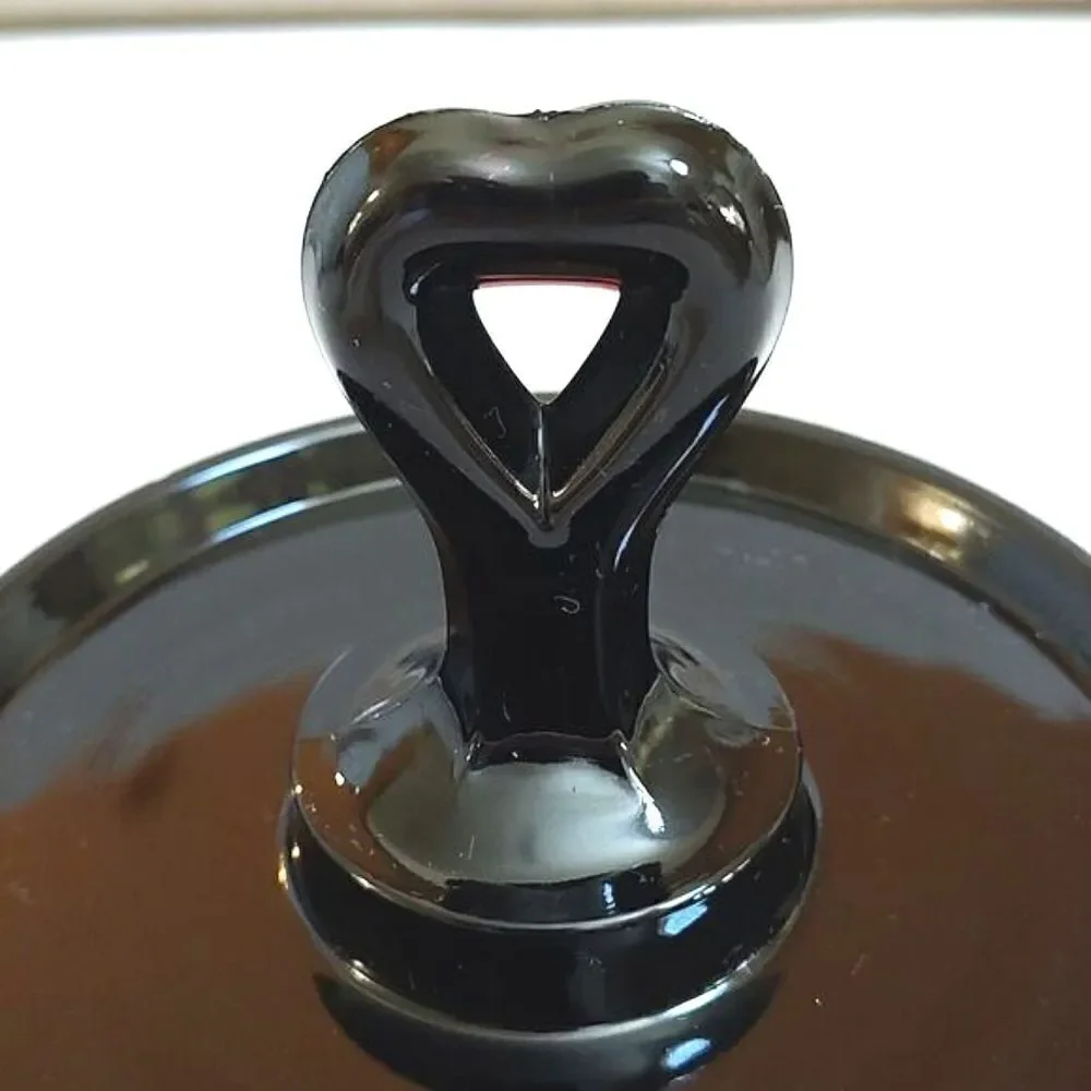 LE Smith Black Glass Tidbit Tray Serving Trinket Dish Heart Shaped Handle Vtg
